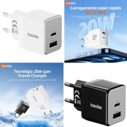 Carregador de Parede Turbo Basike Ba CAR069 – USB-C + USB-A, 20W, PD 3.0, Quick Charge QC3.0